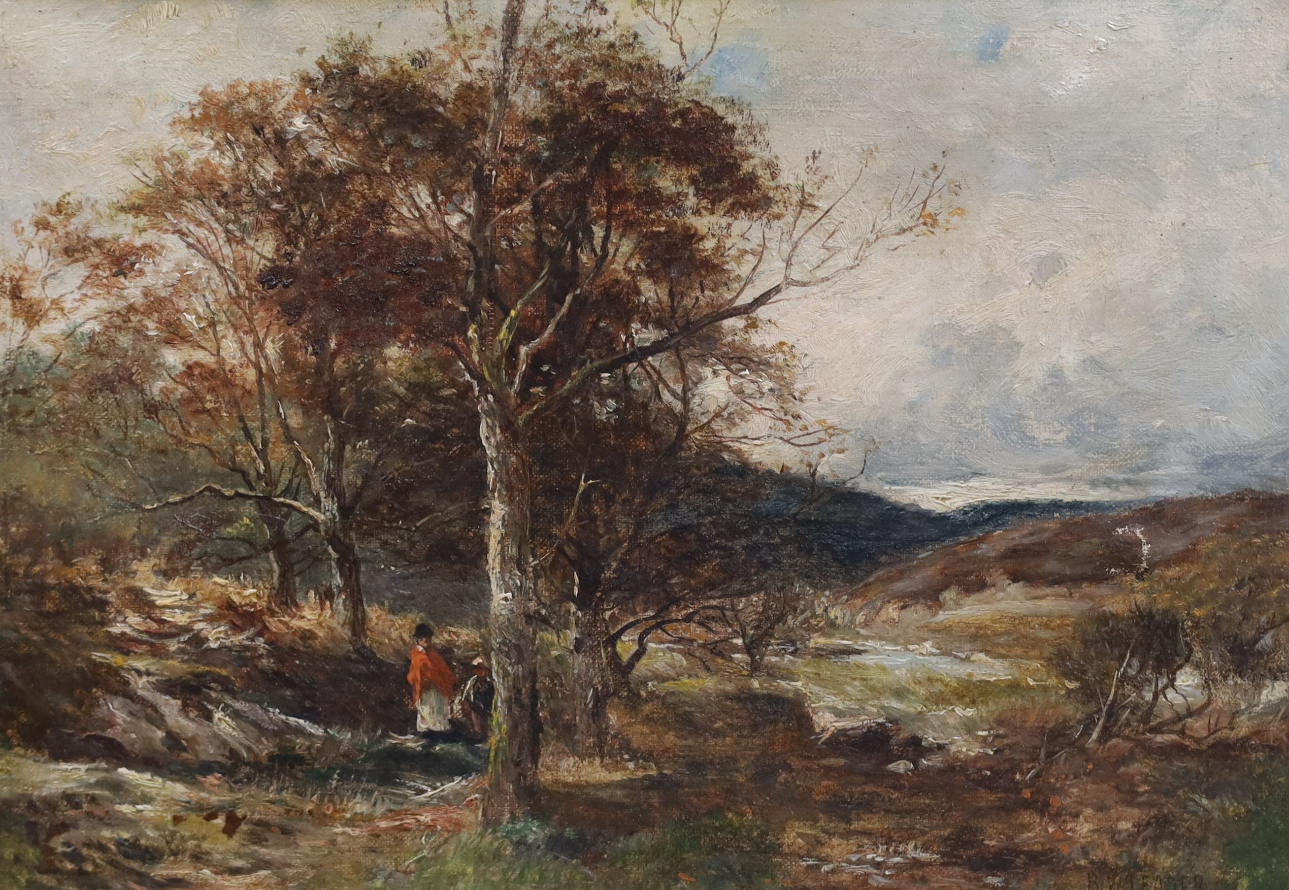 Benjamin Williams Leader (1831–1923), Travellers in a stormy landscape, oil on canvas, 24 x 34cm